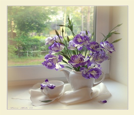 Spring petals - vase, silk, blue, beautiful, window, spring, petals, flowers, cup