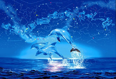 ZODIAC - dolphins, blue, night, ocean, stars, zodiac, sky