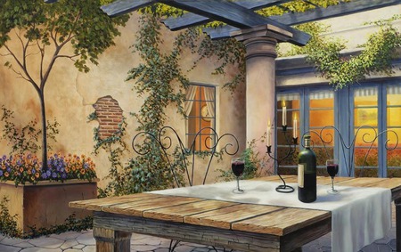 evening    invitation - cloth, glass, wine, window, candles, table, vines, tree