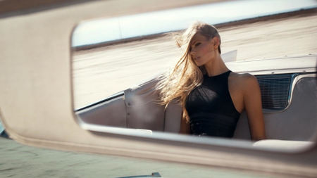 Joy Ride - female, beautiful, blonde, blonde hair, joy ride, rearview, hair, wind, convertible, car, mirror, black dress, blowing hair, face, sexy