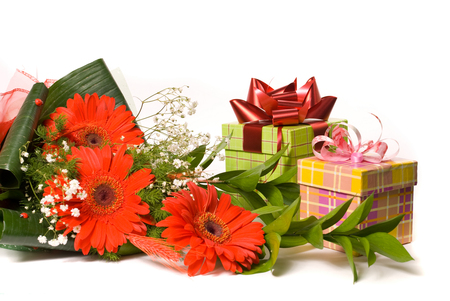 Gifts - nice, photography, bouquet, still life, cool, box, gerbera, beautiful, holiday, gently, ribbon, flowers, gifts, flower, elegantly, harmony