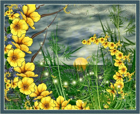 The Marsh Flowers - yellow, fireflies, flowers, free, sunset, nature, bright, dusk, sun, sky, wild