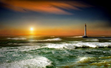 Keeping Watch - ocean, seagulls, lighthouse, sun, water, sunset, waves, clouds, sea