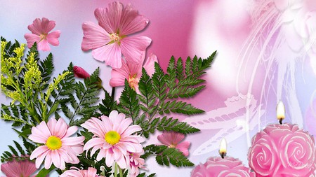 Candles and Floral - daisies, gerberas, daisy, candles, floral, pink, fern