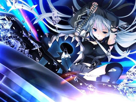 lynette vance - blue, sword, long hair, makita maki, gray hair, sparks, weapon, blue eyes, game cg