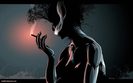 Silhouette - abstract, colour, image, haunting, thought, metal, woman, platinum, cold, head trees, smoke