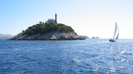 A Lighthouse in Kornati, Adriatic, Croatia - lighthouse, blue, boat, sea, island, ocean, kornati, jadran, hrvatska, adriatic, croatia