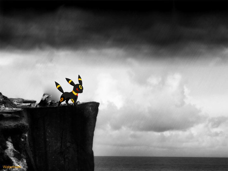 Umbreon on a Cliff - ocean, cliff, black, white, pokemon, umbreon, cloud, dark, sea