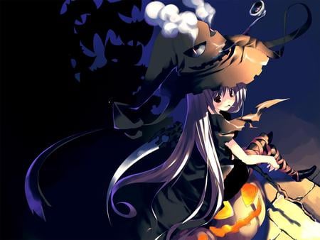 Anime Witch Girl - girl, hat, sythe, smoke, witch, dark, anime, blush, cute