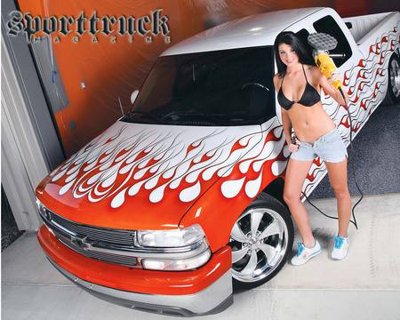 FLAMED CHEVY WITH MODEL - flames, model, pickup, chevy, truck, hot, girl