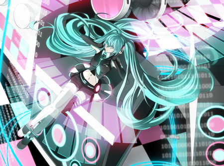 Hatsune Miku - aqua, base, hot, headset, thighhighs, music, anime girl, white, piano, cool, aqua eyes, hatsune miku, sexy, song, waves, vocaloids, program, vocaloid, pink, beautiful, uniform, diva, beauty, nice, twintail, aqua hair, singer, vibe, black, bass, virtual, pretty, idol, anime, miku, cute, girl, exotic, hatsune, microphone, headphones, awesome