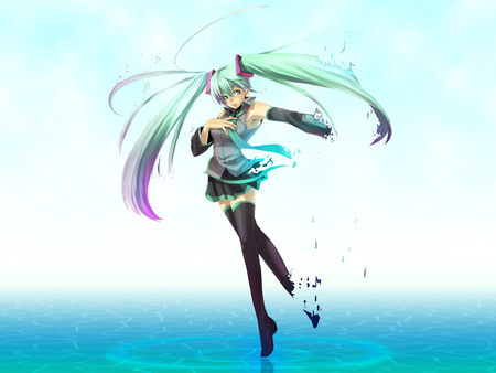 Disappearance of Hatsune Miku - tie, pretty, uniform, nice, program, thighhighs, beauty, virtual, white, gray, cute, aqua eyes, song, vocaloid, anime, twintail, hatsune miku, music, aqua, idol, anime girl, skirt, water, beautiful, singer, girl, cool, black, miku, awesome, diva, aqua hair, hatsune, vocaloids, fading