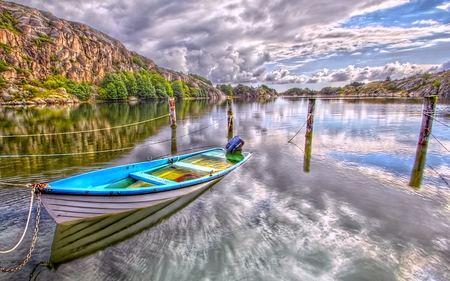 Beautiful - boat, landscape, reflection, view, lake, sky, clouds, trees, water, beautiful, beauty, colors, lovely, boats, colorful, nature, mountains, peaceful, rocks