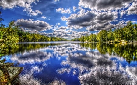 Reflection - beauty, sky, trees, peaceful, water, view, reflection, clouds, green, lake, lovely, nature, woods, forest, beautiful, blue, leaves, colors