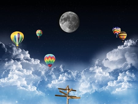 Above The Clouds - hot air balloons, clouds, aircraft, moon, balloons, sky