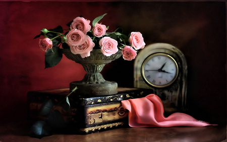 Still Life - silk scarf, roses, pink rose, time, still life, vase, antic, clock, casket