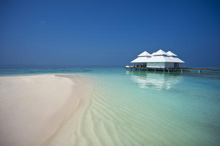 Malidives - vila, windows, beach, sky, water, hotel, villa, white, architecture, sand, houses, maldives, ocean, building, white sand, daylight, day, nature, blue, sea