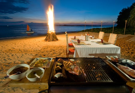 A Romantic Dinner - beach, chairs, romantic, table, food, sailboat, torch, dusk, dinner