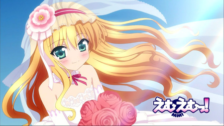 Isurugi Mio - mio, pretty, cute, wedding dress, green eyes, flowers, dress, long hair, isurugi mio, blushing, blonde hair, mm