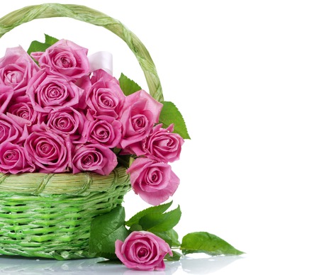 For You Andonia - beauty, roses, gift, photography, pink rose, basket, bouquet, rose, still life, spring, with love, pretty, green, cute, pink roses, for you, lovely, nature, beautiful, pink, andonia, flowers