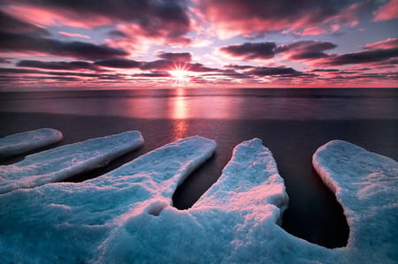 Winters last days - reflections, shore, sunset, water, pink clouds, snow, lake, sky