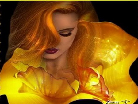 Glow - woman, glow, bright, light, red hair, flower, gold