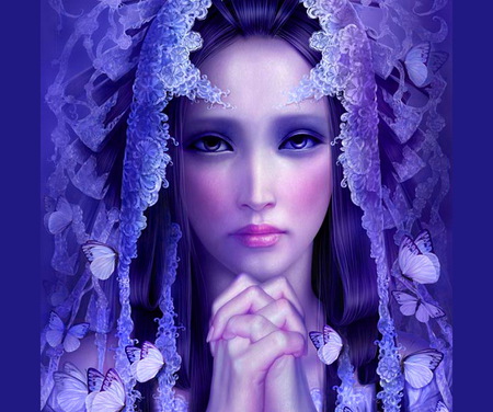 Lace - flowers, veil, purple, blue, woman, butterflies, lace