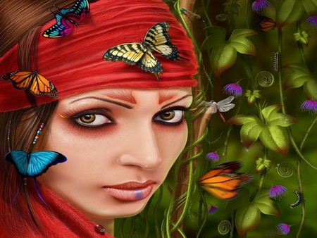 LADY BUTTERFLY - lady, female, colorful, leaf, butterflies