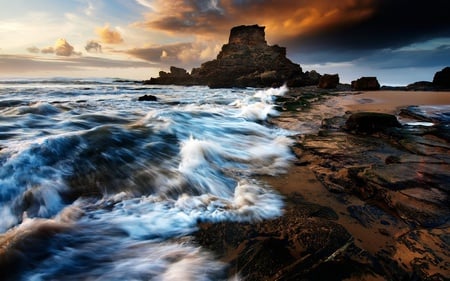 Ocean beach sunset - clouds, amazing, beach, ocean, sunset, nature, sun, sky, rocks