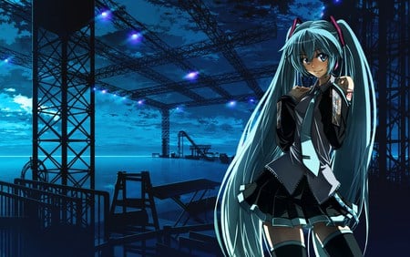 Hatsune Miku - tie, pretty, artistic, stage, light, uniform, headphones, nice, program, hot, thighhighs, digital art, city, beauty, virtual, pier, white clouds, white, lights, gray, cute, aqua eyes, crane, song, sexy, horizon, vocaloid, anime, blue, twintail, blue sky, hatsune miku, seaside, microphone, music, aqua, construction, stockings, twilight, art, sky, idol, clouds, anime girl, skirt, beautiful, sea, singer, girl, ocean side, blush, cool, buildings, ocean, black, glow, miku, awesome, diva, digital, aqua hair, hatsune, vocaloids, headset