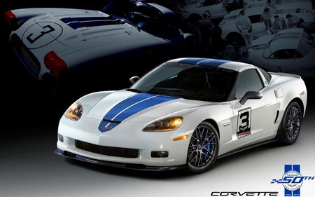 50th Anniversary - white, bowtie, vette, blue stripes, gm