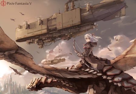 pixiv fantasia - yellow eyes, elf, wings, long hair, bow, clouds, dragon, weapon, air ship, pixiv fantasia, white hair