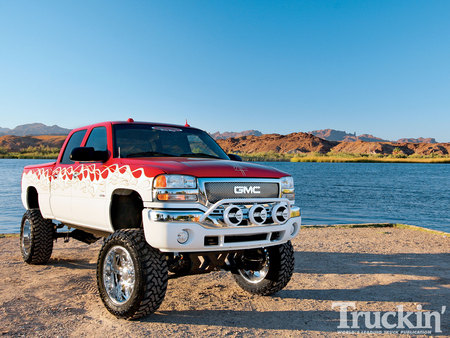 Custom Sierra - white, flames, gmc, red, truck