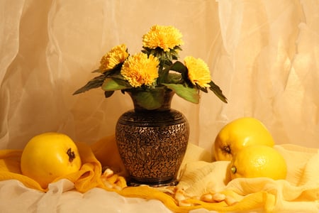 still life in yellow - brown vase, background, yellow, fruits, beautiful, lemons, flowers, still life