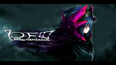 pixiv fantasia alone - armor, blue hair, mist, pixiv fantasia, long hair, red eyes