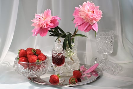 delicious - glasses, pink, beautiful, flowers, delicious, cherry vine, still life, glass vase, peonies