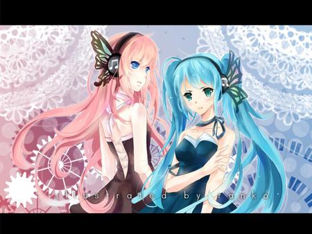 Magnet - virtual, miku, vocaloids, song, microphone, megurine, singer, gears, megurine luka, cool, pink, headphones, awesome, vocaloid, anime, twintail, butterfly, aqua hair, hatsune, black, cute, beautiful, girl, anime girl, white, pink hair, luka, magnet, program, aqua eyes, pretty, aqua, beauty, dress, diva, nice, idol, headset, music, hatsune miku