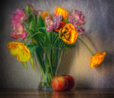 Still life-HDR - nice, photography, tulips, bouquet, still life, cool, hdr, apple, harmony, gentle, vase, fruit, beautiful, tulip, flowers, colors, photo, elegantly, flower