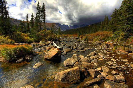 landscape-HDR - nice, sky, trees, peaceful, photography, water, mountains, calm, cool, river, clouds, hdr, grass, landscape, nature, forest, beautiful, stones