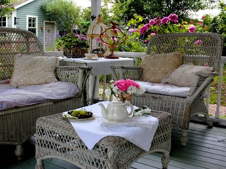 IT's TEA TIME! - cottage, kiwi, roses, nest of moonstone eggs, fruit plate, birdcage, plants, green grapes, cup, cherries, teapot, bird bell, blossoms, table, flowers, garden