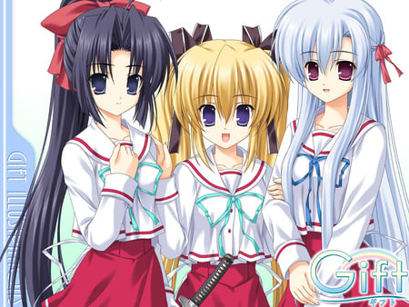 Gift Eternal Rainbow - anime, 3 girls, cute, sword, students, long hair, sweet