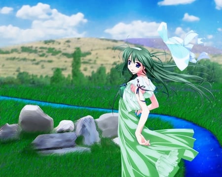 Cute Anime Girl - sky, hat, girl, blue eyes, rocks, montains, river, green dress, sweet, grass, cute