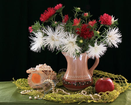 still life 1 - white, seashell, glasses, red, beautiful, flowers, perle, still life