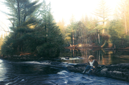 Someone To Watch Over Me - child, rocks, fishing, waters, love, watch, lake, ghost, grandpa, trees, protection safety, nature