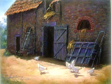 Chichen Coupe - farm, hay, chickens, feeding, sunny, rustic, barn