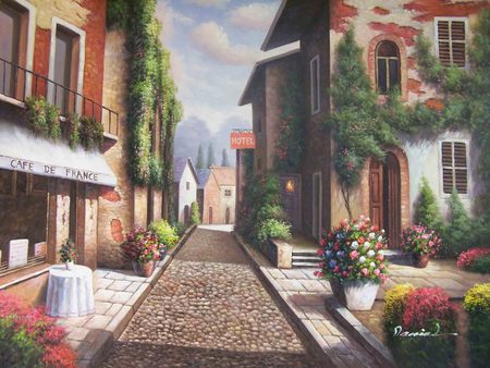 Springtime In France - pots flowers, spring, warm, buildings, cobblestone roads, homes, hotel, sunny, bright, table