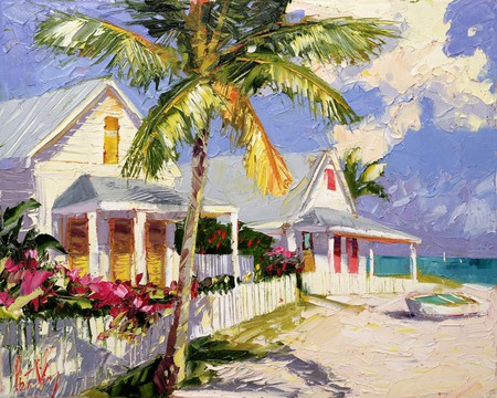 Tropicana Here I Come - boat, flowers, palms, warm, sun, cottages, blue, sky, picket fences, sunny, bright, tropics, vacation, clouds, breezetrees, sea