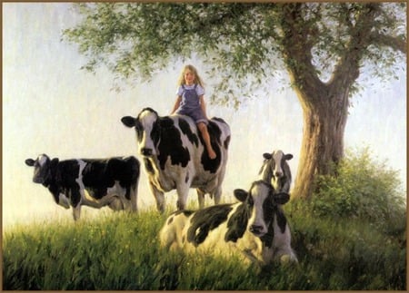 setting  pretty - childhood, grass, pasture, tree, cows