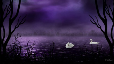 Purple Mist - swans, sky, trees, goth, night, foggy, gothic, fog, firefox persona, misty