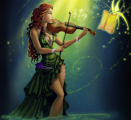 Music Spell - abstract, violin, girl, beauty, night, music, fantasy, spell, wallpaper